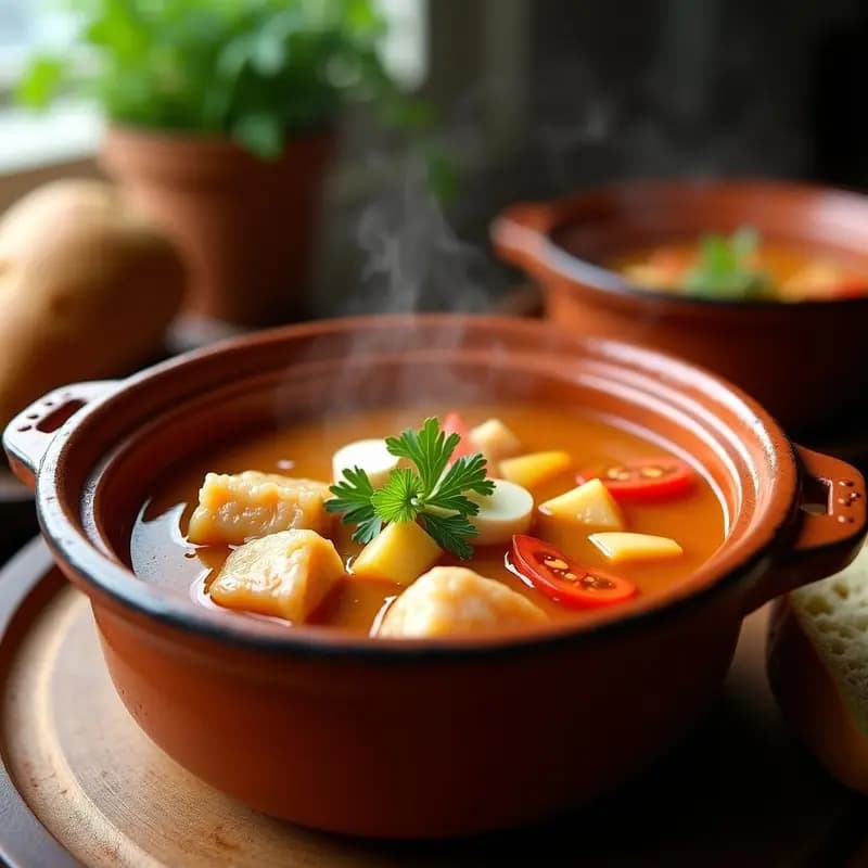 Cazuela de barro humeante con sopa de pescado fresco, trozos de merluza, tomate y ajo, decorada con perejil fresco sobre fondo rústico.