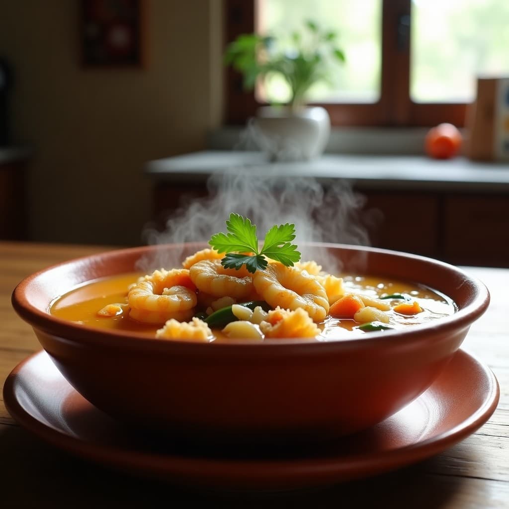 Cazo de sopa de pescado humeante con trozos de merluza, gambas y galleta María triturada flotando, servido en bowl de barro sobre mesa rústica de madera.