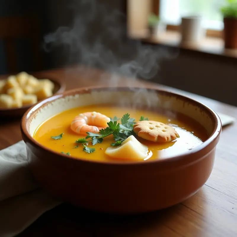 Plato hondo de barro con sopa de pescado humeante, trozos de merluza y gambas, galletas María flotando y perejil fresco, receta tradicional costera.