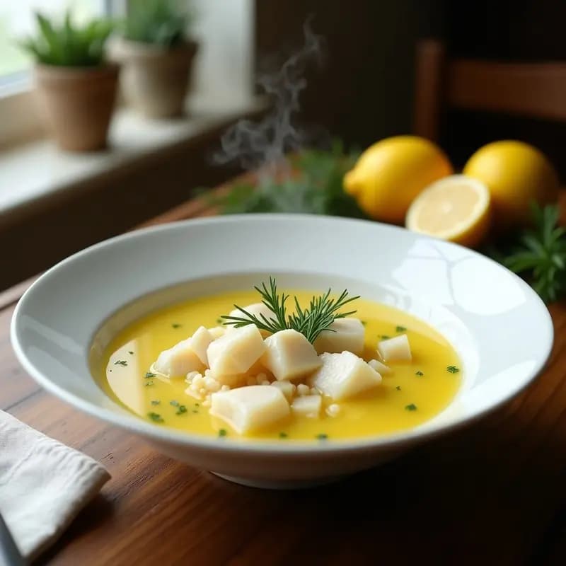Cuenco blanco hondo con sopa de pescado al limón griega, trozos de merluza, arroz y eneldo fresco, servida en mesa rústica de madera.