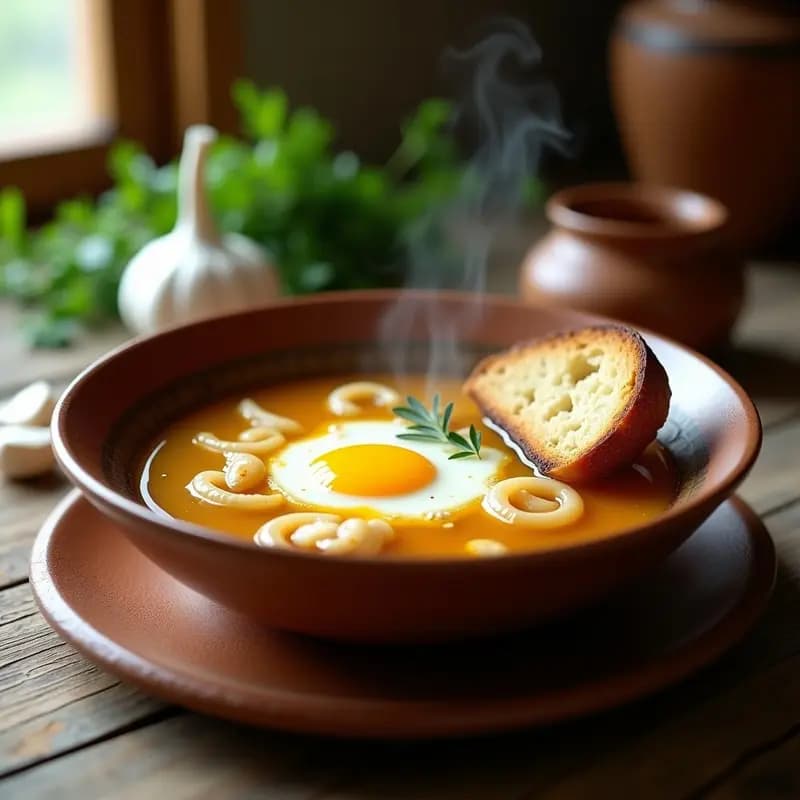 Plato hondo de barro con sopa de pescado malagueña humeante, trozos de merluza y calamar en caldo dorado, huevo escalfado en el centro, rebanada de pan tostado en la base y un chorro de aceite de oliva virgen extra, con fondo rústico de cocina costera.