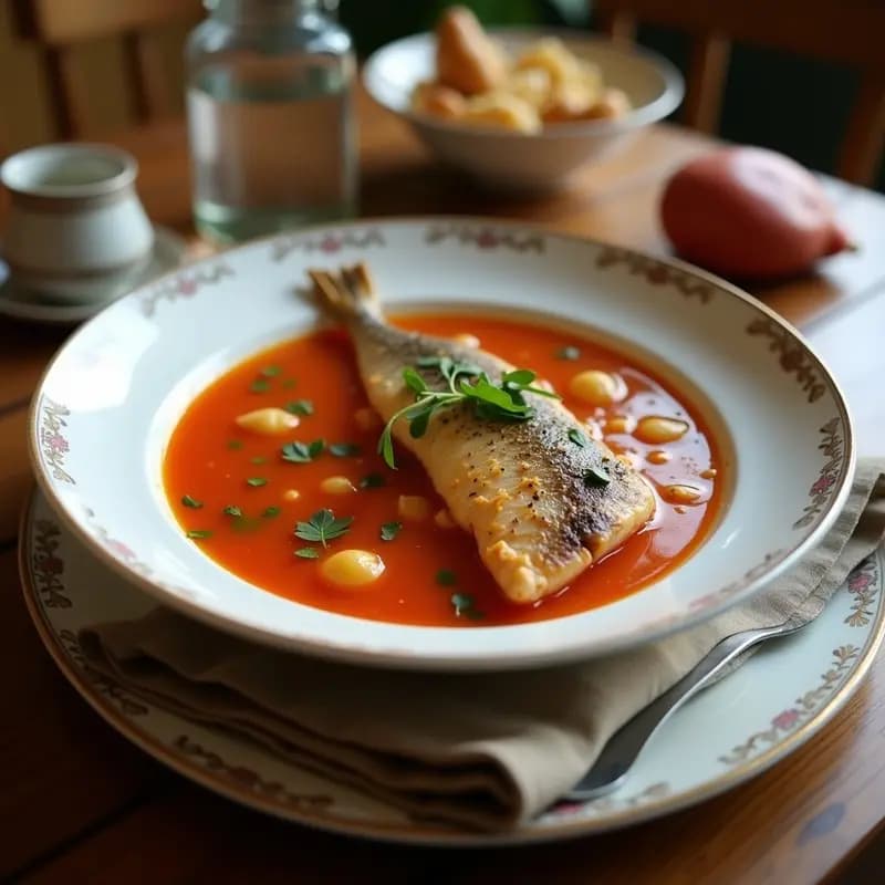 Plato hondo blanco con sopa de pescado y marisco al estilo mediterráneo, llena de trozos de merluza, gambas, mejillones y calamares en un caldo dorado. Acompañada de rebanadas de pan tostado y perejil fresco picado por encima. Ambiente cálido y acogedor.