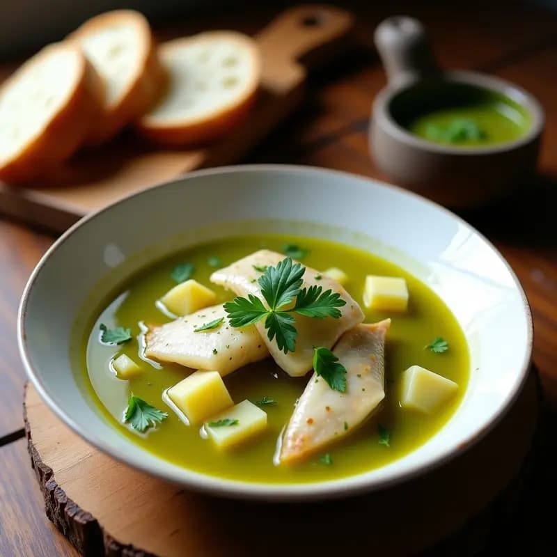 Plato hondo de cerámica blanca con sopa de pescado humeante, trozos de merluza y rape, papas, y una cucharada de mojo verde canario por encima. Acompañado de pan rústico y hierbas frescas.
