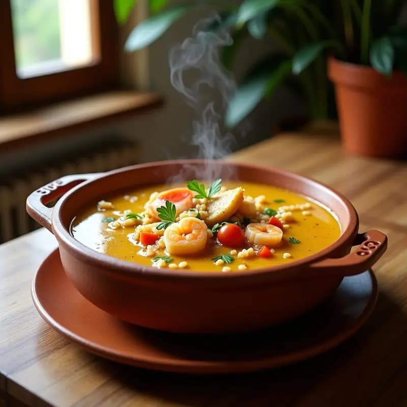 Olla de barro humeante con sopa de pescado murciana espesa, trozos de merluza y rape, gambas rosadas, arroz bomba y un toque de perejil fresco. Fondos de verduras y especias visibles en el caldo dorado por el azafrán. Plato típico mediterráneo reconfortante.