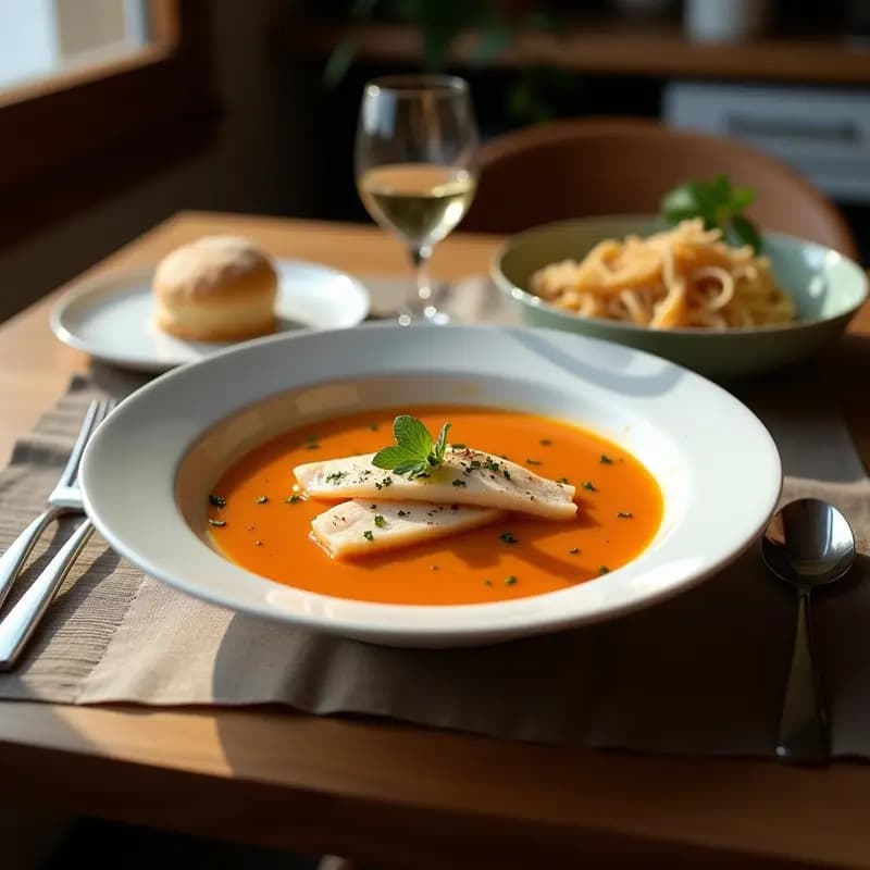 Fuente de barro al horno con sopa de pescado de roca, trozos de rape y gallineta, verduras asadas y perejil fresco, receta tradicional costera.