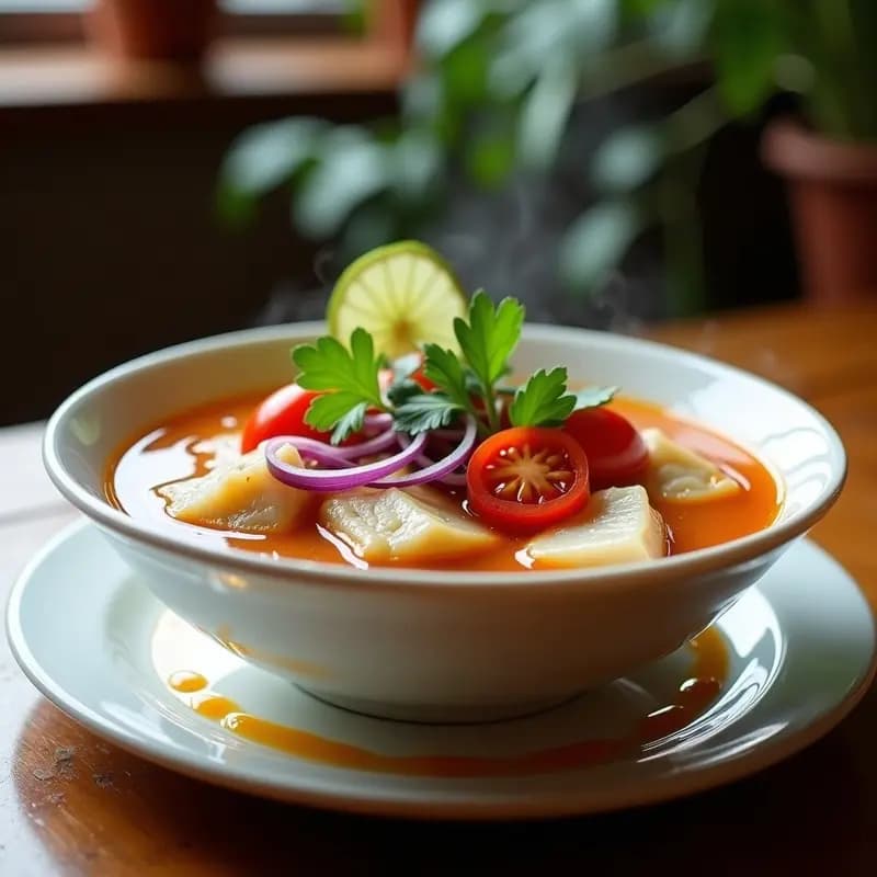 Tazón blanco con sopa tailandesa de pescado, tamarindo y chile, decorado con hojas de cilantro y rodajas de limón, sobre fondo de madera rústica.