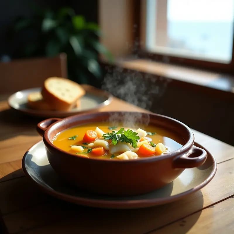 Olla de barro humeante con sopa de pez argentiana, caldo dorado por el azafrán, trozos de merluza blanca, zanahorias, puerro y perejil fresco. Plato tradicional de la costa patagónica servido en cuenco rústico de cerámica.