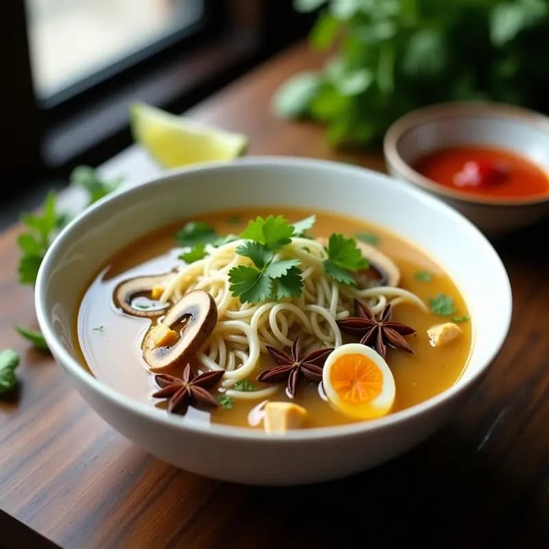 Bol de cerámica blanca con sopa de pho vegana en Thermomix, caldo dorado con rodajas de champiñones portobello y shiitake, fideos de arroz, tofu ahumado, brotes de soja, cilantro fresco y estrellas de anís flotando. Fondos borrosos de hierbas vietnamitas y limón.