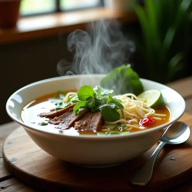 Cuenco hondo de cerámica negra con sopa Pho de ternera: caldo dorado y transparente con fideos de arroz blancos, tiras de ternera jugosa, brotes de soja y hierbas frescas verdes (cilantro vietnamita, menta asiática). Acompañado de rodajas de lima, chile rojo y palillos. Fondo borroso con especias tostadas y cebolla.