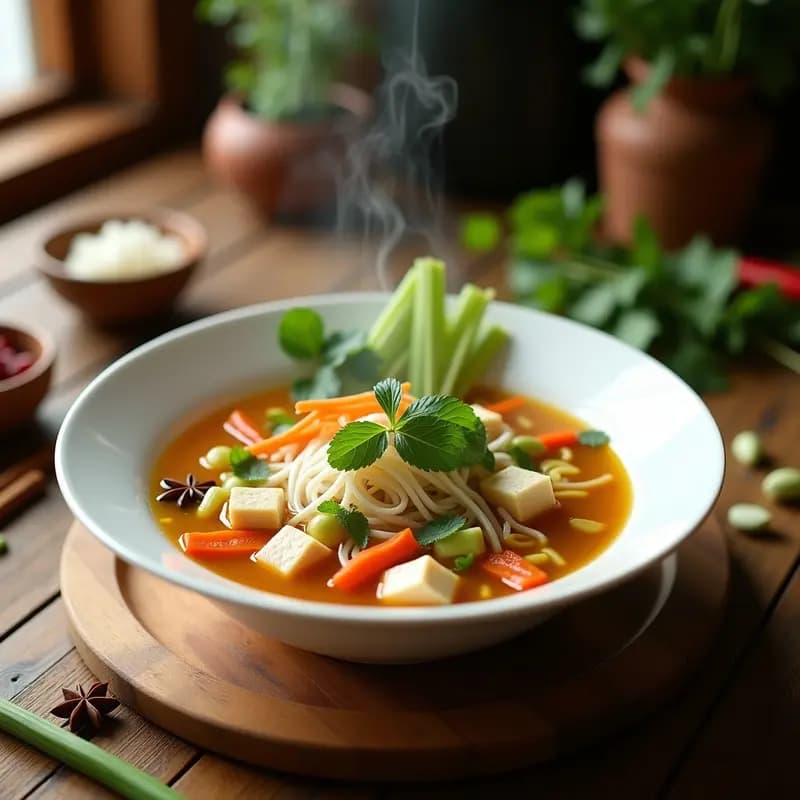 Cuenco hondo de cerámica negra con sopa de pho vegana, fideos de arroz, tofu dorado, brotes de frijol mungo, zanahoria en juliana, cilantro fresco y hierbas vietnamitas, sobre fondo de madera rústica con especias y limón al lado.