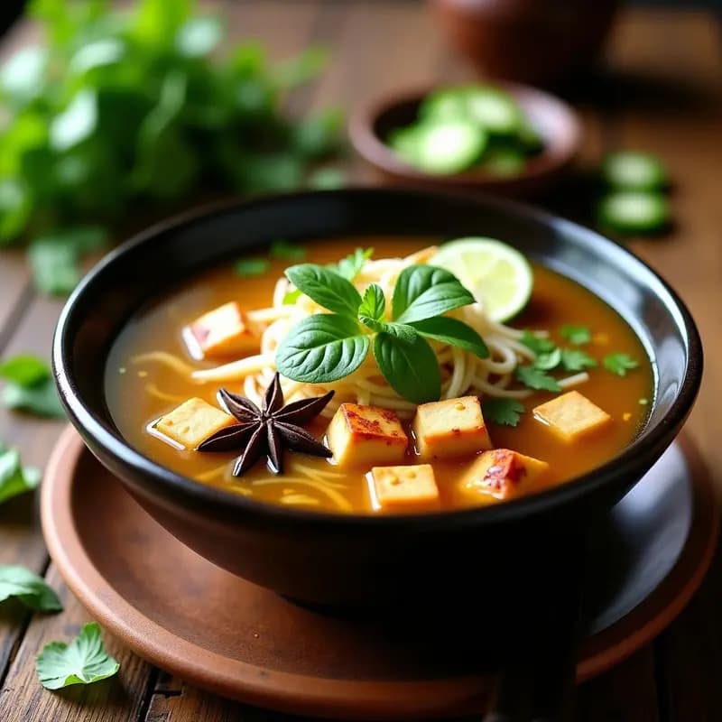 Cuenco hondo de cerámica oscura con sopa pho vegana, caldo dorado y aromático, fideos de arroz, cubos de tofu dorado, brotes de soja crujientes, cilantro fresco y rodajas de lima. Plato tradicional vietnamita en versión vegana y reconfortante.