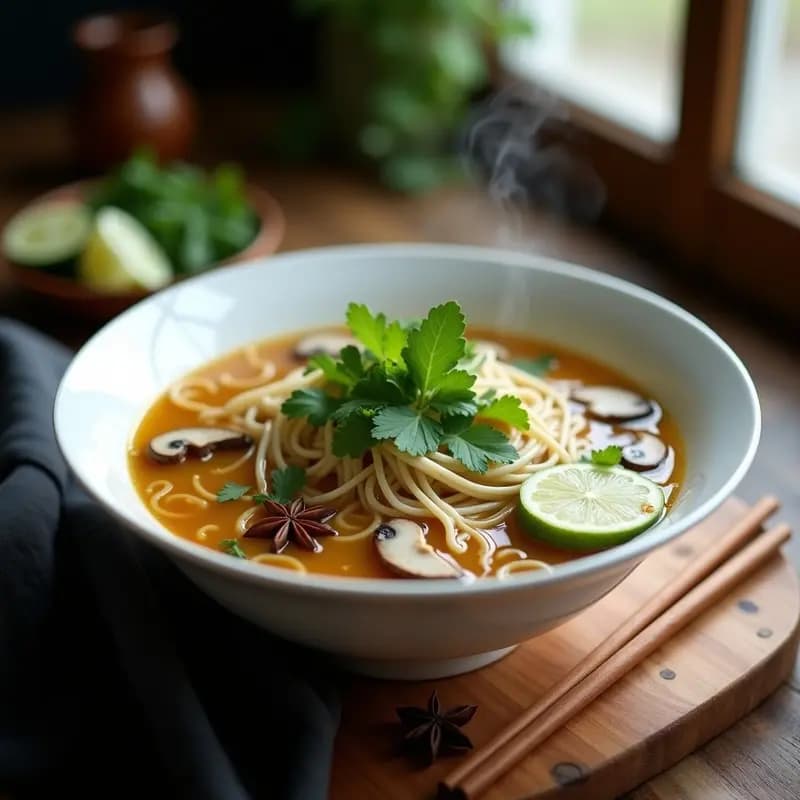 Bol hondo de cerámica negra con sopa de pho vegana humeante, fideos de arroz blancos, champiñones portobello dorados, brotes de bambú amarillos y hierbas frescas verdes (cilantro y menta). Fondo de mesa de madera rústica con rodajas de limón y palillos al lado.