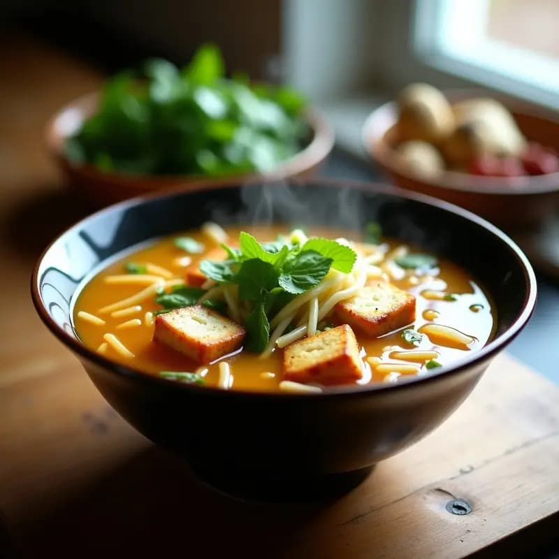 Bowl hondo de cerámica blanca con sopa de pho vegana, caldo dorado de misoshiro, fideos de arroz, tofu sedoso dorado, brotes de soja, cilantro fresco y semillas de sésamo. Acompañado de gajos de limón y hierbas frescas sobre una mesa de madera rústica.