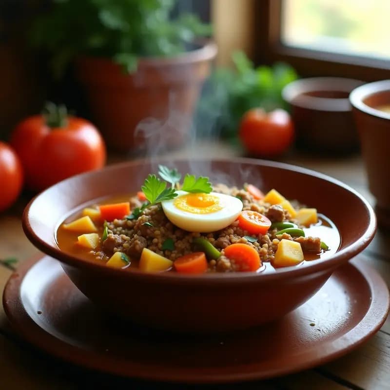 Olla humeante con sopa de picadillo canaria, llena de fideos finos, trozos de carne picada, patatas, zanahorias y pimiento, servida en un plato hondo con huevo duro picado y perejil fresco. Receta tradicional canaria reconfortante.