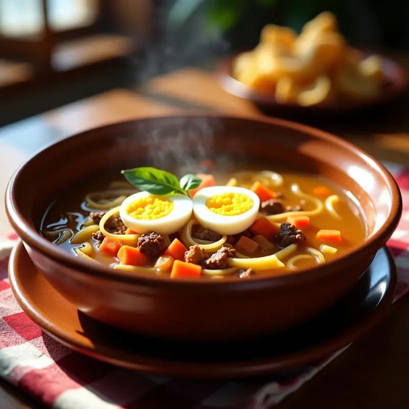 Olla de barro humeante con sopa de picadillo con fideos, carne dorada, zanahoria y perejil fresco, servida en cuencos de cerámica blanca sobre mesa de madera rústica.