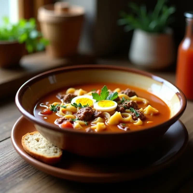 Plato hondo de barro con sopa navarra de picadillo, fideos gruesos y trozos de huevo duro, decorado con perejil fresco. Fondo rústico con pan de pueblo.