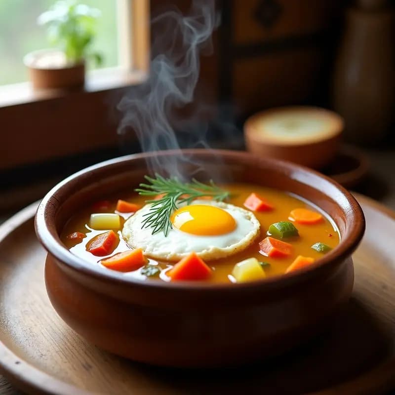 Cacerola de barro humeante con sopa de piedra rumana, trozos de calabaza, zanahoria, apio, patata y un huevo escalfado en el centro, decorada con perejil fresco y pimienta negra, sobre fondo de montaña nevada.
