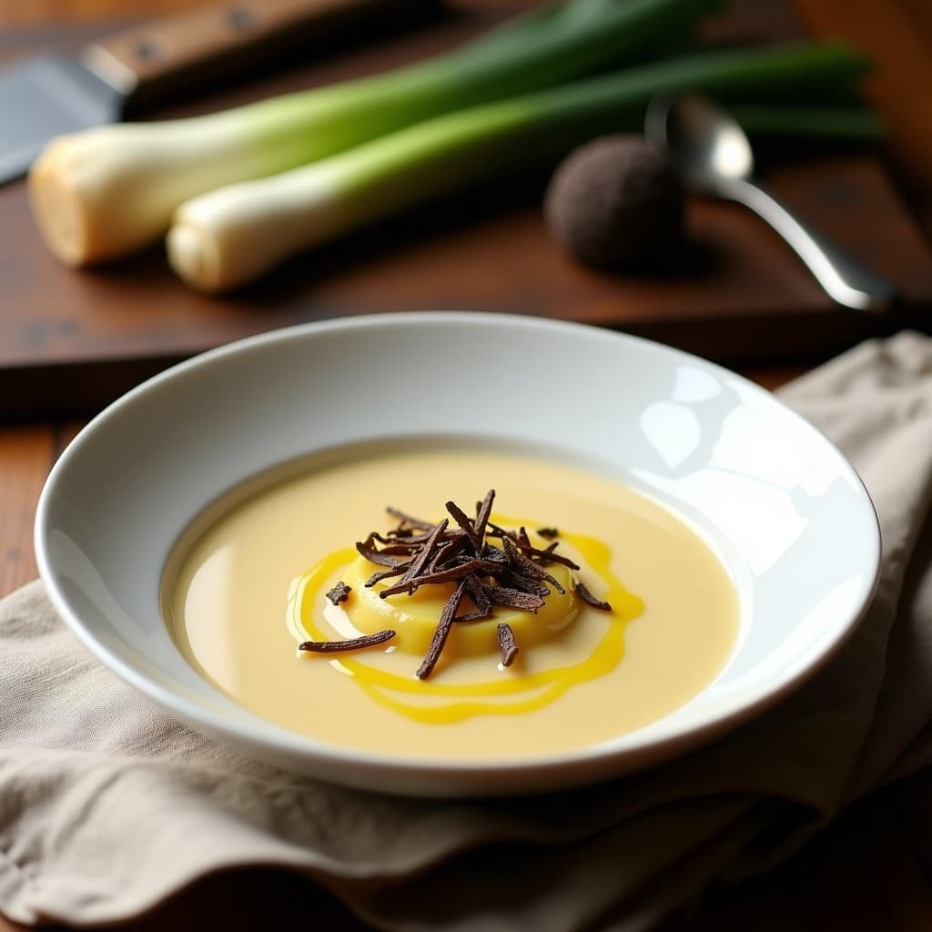 Cuenco de cerámica blanca con sopa cremosa de puerros y patata, coronada con láminas finas de trufa negra fresca. Al fondo, puerros crudos y un rallador de trufa sobre una tabla de madera oscura. Iluminación cálida que resalta la textura sedosa y el brillo del aceite de oliva.