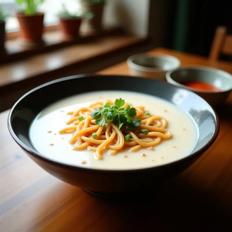 Bol negro de cerámica con sopa de ramen humeante, fideos dorados, trozos de pollo y huevo poché, coronada por una nube blanca de espuma de leche de coco. Decorado con cebollino verde y semillas de sésamo, sobre fondo oscuro con luz lateral para resaltar texturas.