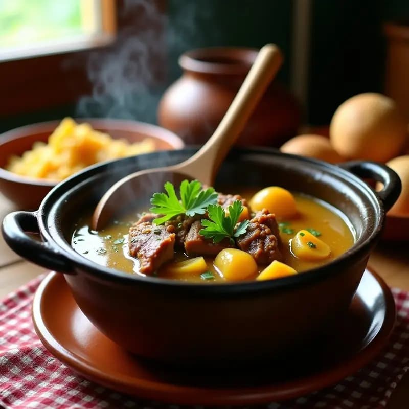 Olla de presión abierta mostrando una sopa espesa de sancocho dominicano con tres carnes (pollo, cerdo y res), trozos de yuca, ñame y plátano verde, decorada con cilantro fresco. Plato servido en un bol hondo de barro con un toque rústico y tradicional.