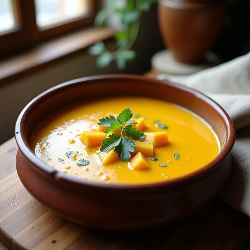 Plato hondo de barro con sopa de sémola de maíz espesa, trozos de calabaza butternut y un toque de cilantro fresco picado. Fondo rústico con servilleta de tela y cuchara de madera.