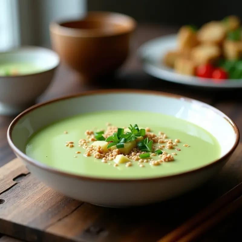 Cuenco blanco con sopa cremosa de calabacín y tofu sedoso, decorada con semillas de sésamo tostadas y cebollino fresco, receta china vegana en Thermomix.