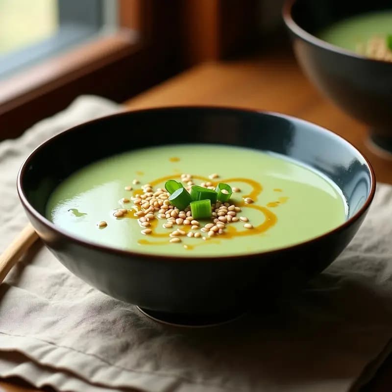 Cuenco hondo de cerámica negra con sopa cremosa de color verde claro, decorada con semillas de sésamo tostadas, cebolla verde picada y un hilo de aceite de sésamo. Fondo con mantel de lino beige y cucharón de madera. Receta de sopa de sésamo y espinacas con tahini vegana.