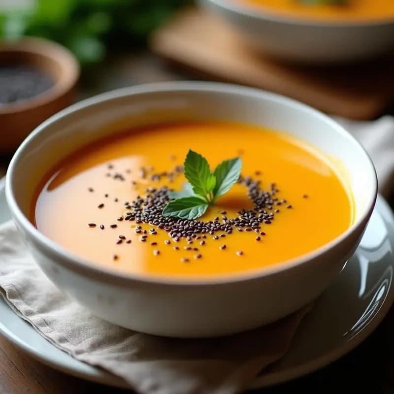 Cuenco blanco con sopa cremosa de calabaza kabocha, decorada con semillas de sésamo negro tostado y un hilo de aceite de oliva. Plato reconfortante y depurativo de la cocina china.