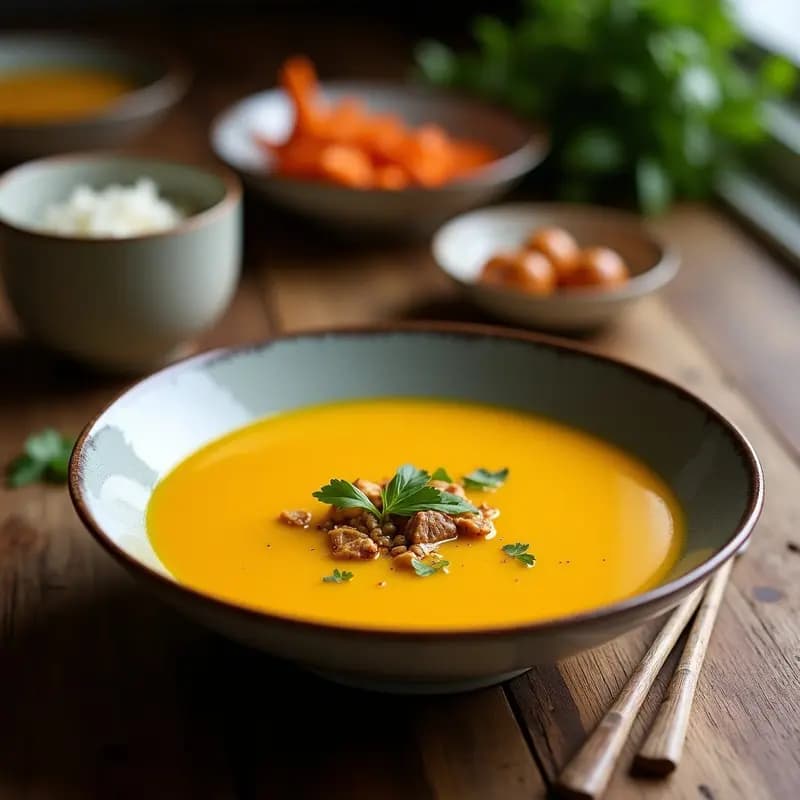 Cuenco hondo de cerámica blanca con sopa tailandesa de coco y cúrcuma, decorada con cilantro fresco, rodajas de limón y chile rojo sobre fondo de madera rústica.