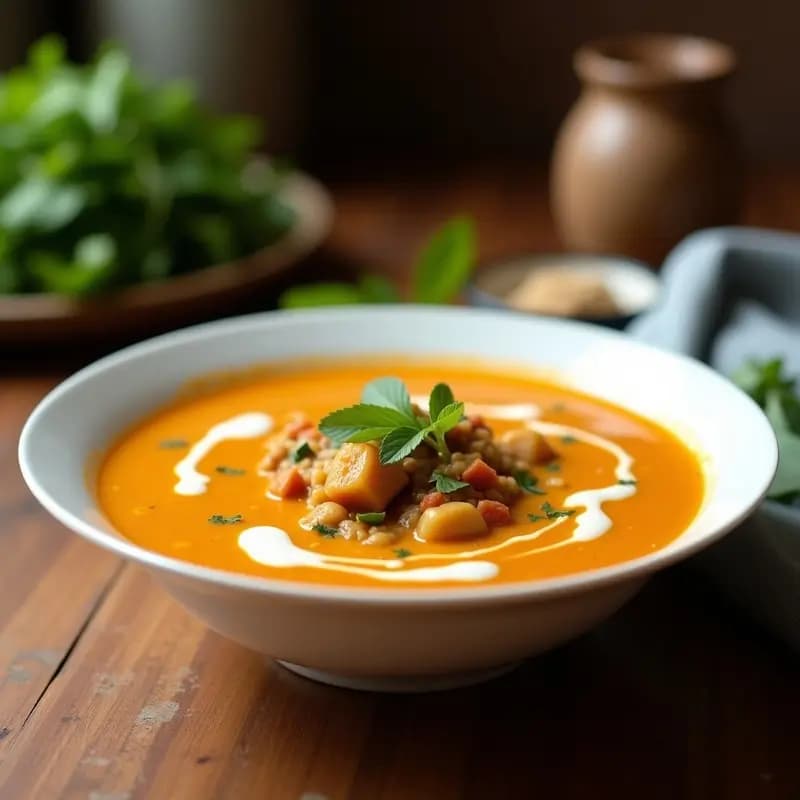 Cuenco de cerámica blanca con sopa Thai cremosa de coco y curry rojo, decorada con cilantro fresco y rodajas de limón, sobre un mantel de bambú.