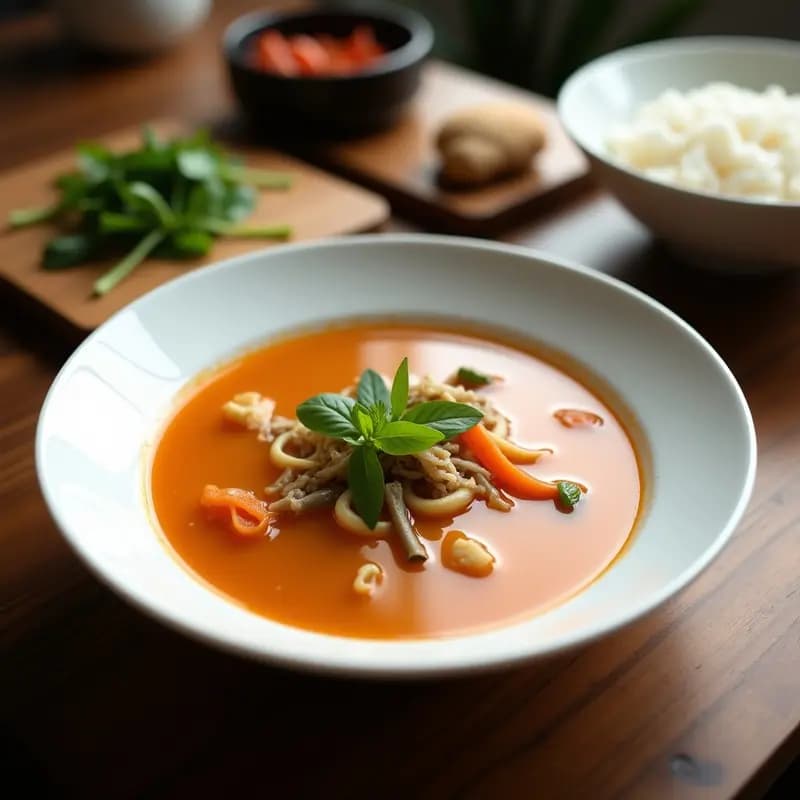 Tazón de cerámica blanca con sopa thai cremosa de coco y jengibre, decorada con hojas de cilantro y rodajas de chile rojo, acompañada de hierba limón y tofu en cubos.