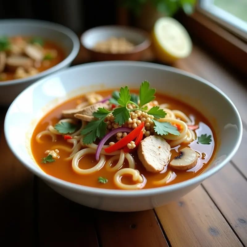 Cuenco hondo de cerámica blanca con sopa thai de fideos rizados bañados en salsa de cacahuete cremosa, trozos de pollo, cebolla morada, pimiento rojo y champiñones shiitake. Decorada con cacahuetes tostados, cilantro fresco y rodajas de chile rojo, sobre fondo de madera rústica.