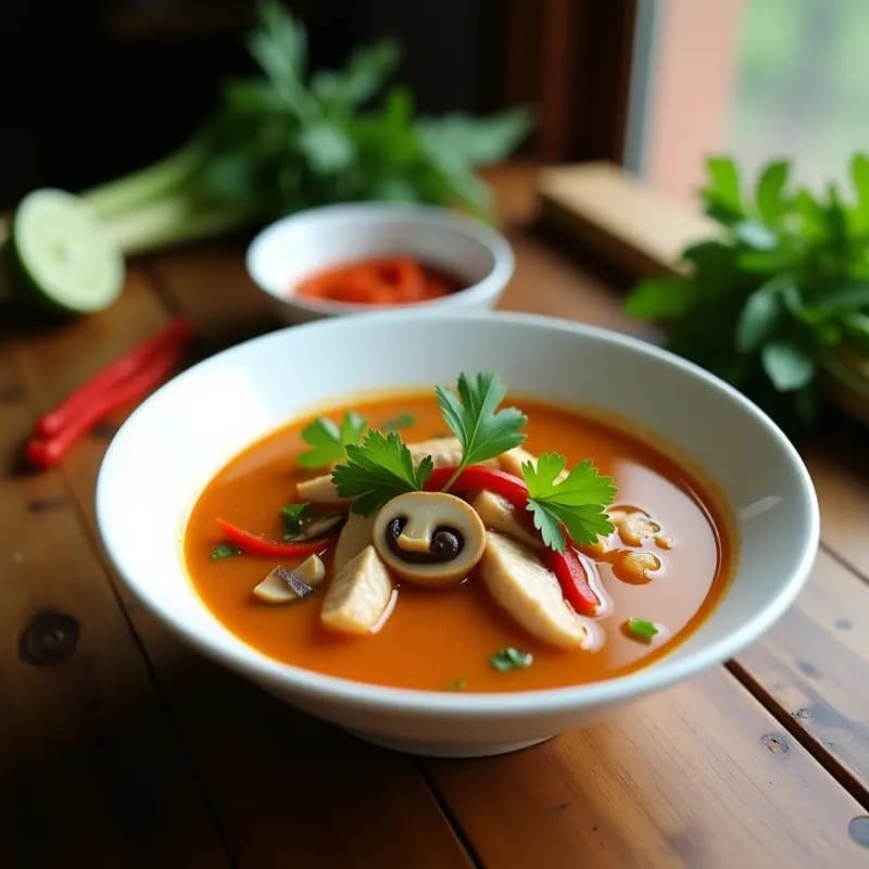 Tazón hondo de cerámica blanca con sopa thai humeante, rodajas de pollo, champiñones shiitake y hierbas frescas, servida sobre fondo de madera con ingredientes de acompañamiento como lima y cilantro.