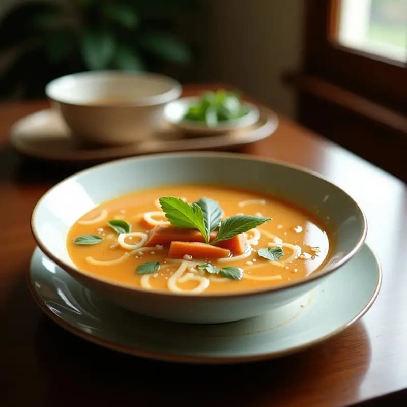 Cuenco blanco humeante con sopa tailandesa de lemongrass y coco, trozos de pollo, champiñones shiitake y cilantro fresco, receta express en 15 minutos.