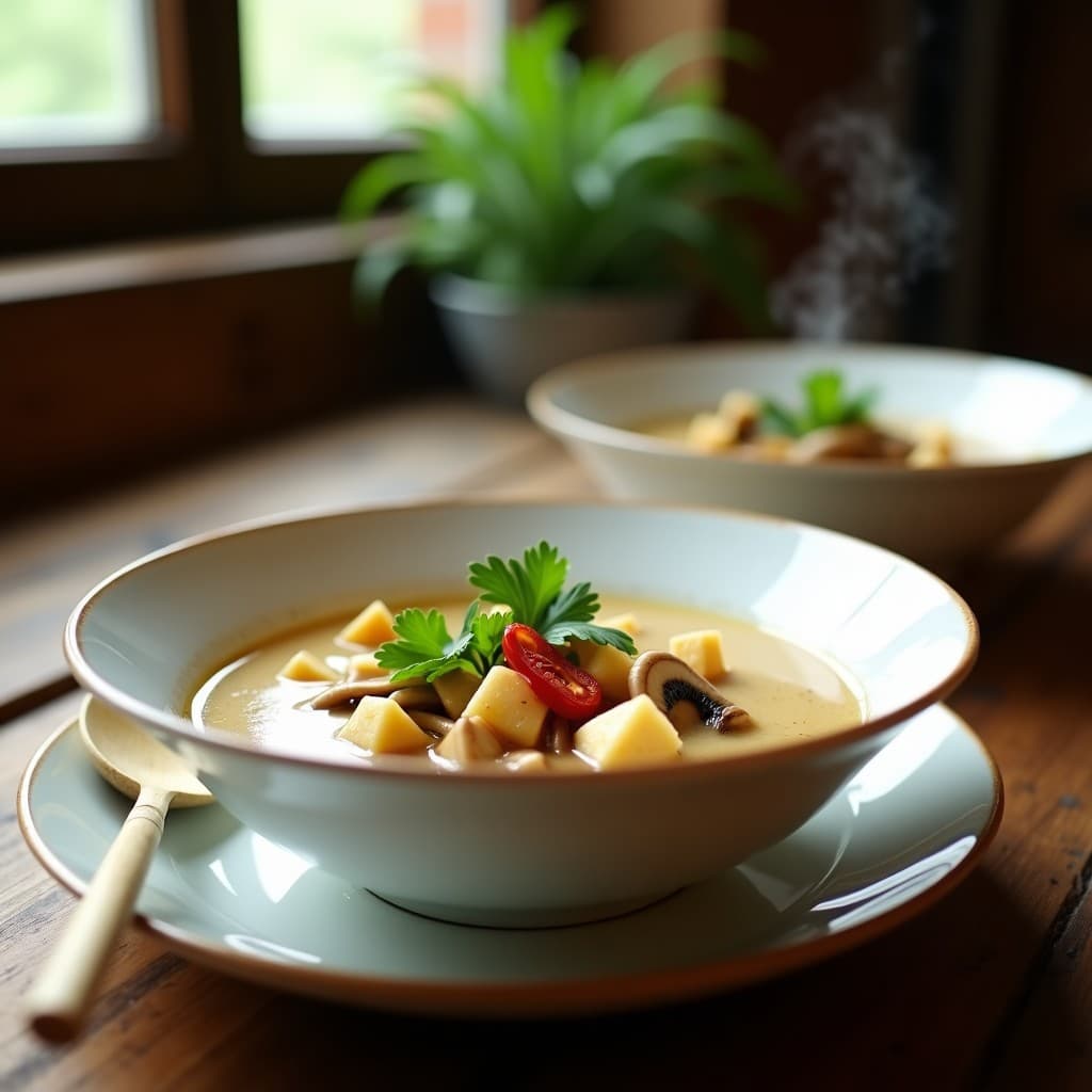 Cuenco hondo de cerámica blanca con sopa tailandesa de lemongrass y tofu, decorada con cilantro fresco y rodajas de chile rojo, servida sobre una mesa de madera rústica con una cuchara de bambú.