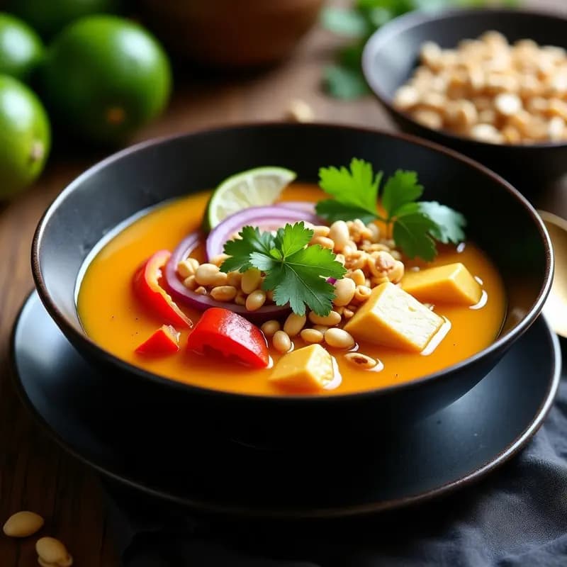 Cuenco negro de cerámica con sopa tailandesa de lemongrass y tofu, caldo dorado con trozos de tofu sedoso, rodajas de pimiento rojo, cebolla morada y maní tostado espolvoreado. Decorado con hojas de cilantro fresco y una rodaja de lima al lado.