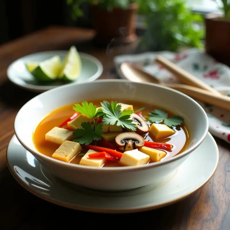 Cuenco blanco hondo con sopa tailandesa de lemongrass y tofu, caldo dorado con trozos de tofu sedoso, champiñones shiitake, pimiento rojo y cilantro fresco, decorado con rodajas de lima.