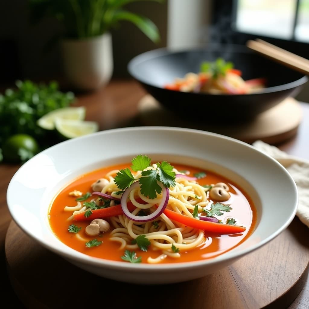 Cuenco hondo de sopa Thai con fideos de arroz, verduras coloridas, leche de coco y decoración de cilantro y cacahuetes, servida en wok.