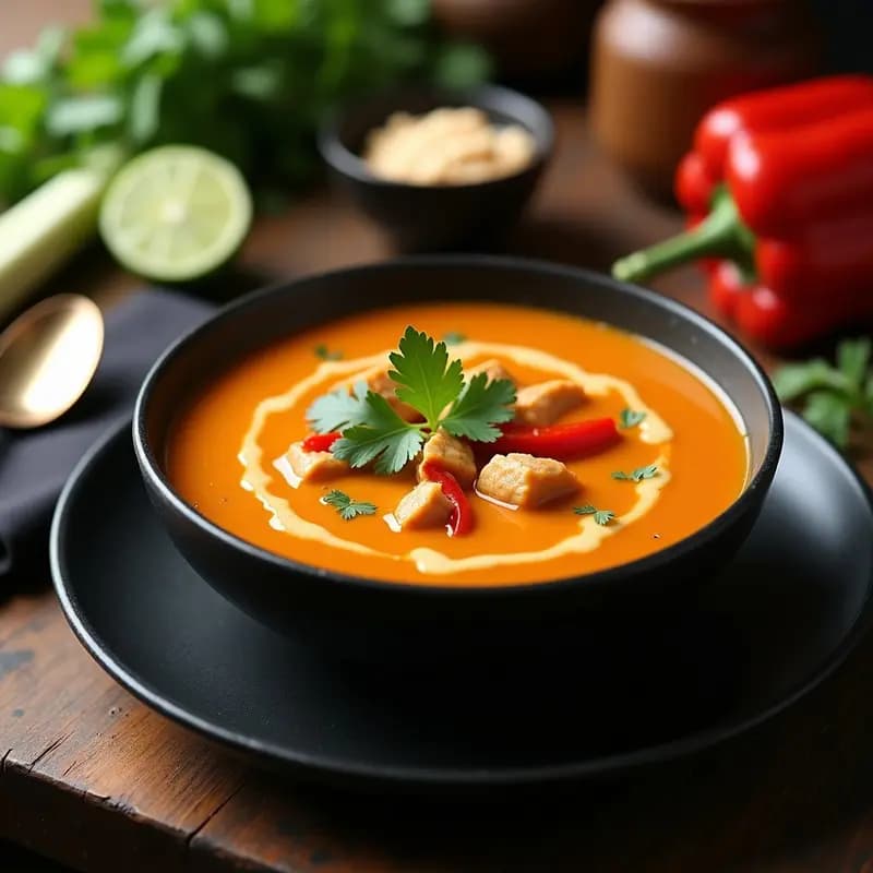 Cuenco negro de cerámica con sopa tailandesa de maní y curry, decorada con cilantro fresco y rodajas de limón, sobre fondo de madera rústica.