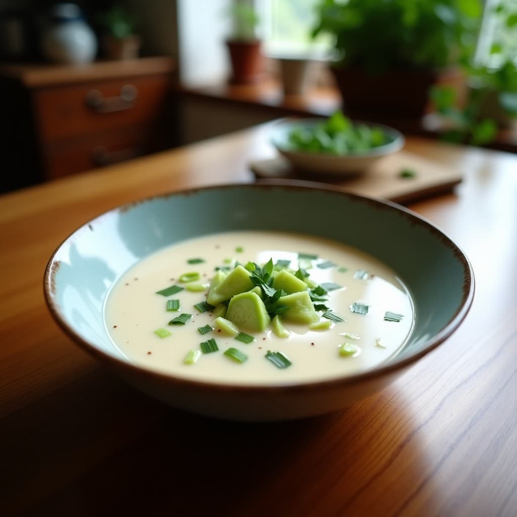 Cuenco blanco con sopa tailandesa cremosa de color verde claro, decorada con rodajas de pepino, cilantro fresco y chile rojo. Fondo con ingredientes dispersos como jengibre y leche de coco.