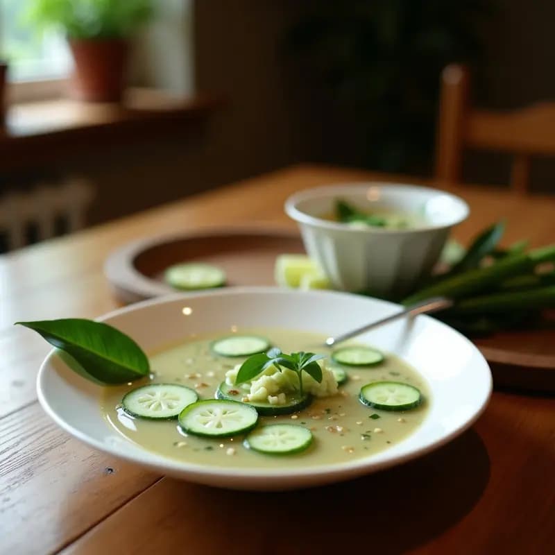 Cuenco blanco con sopa Thai de pepino, limón y coco, decorada con rodajas de pepino, cilantro fresco y cacahuetes picados, sobre fondo de madera rústica.