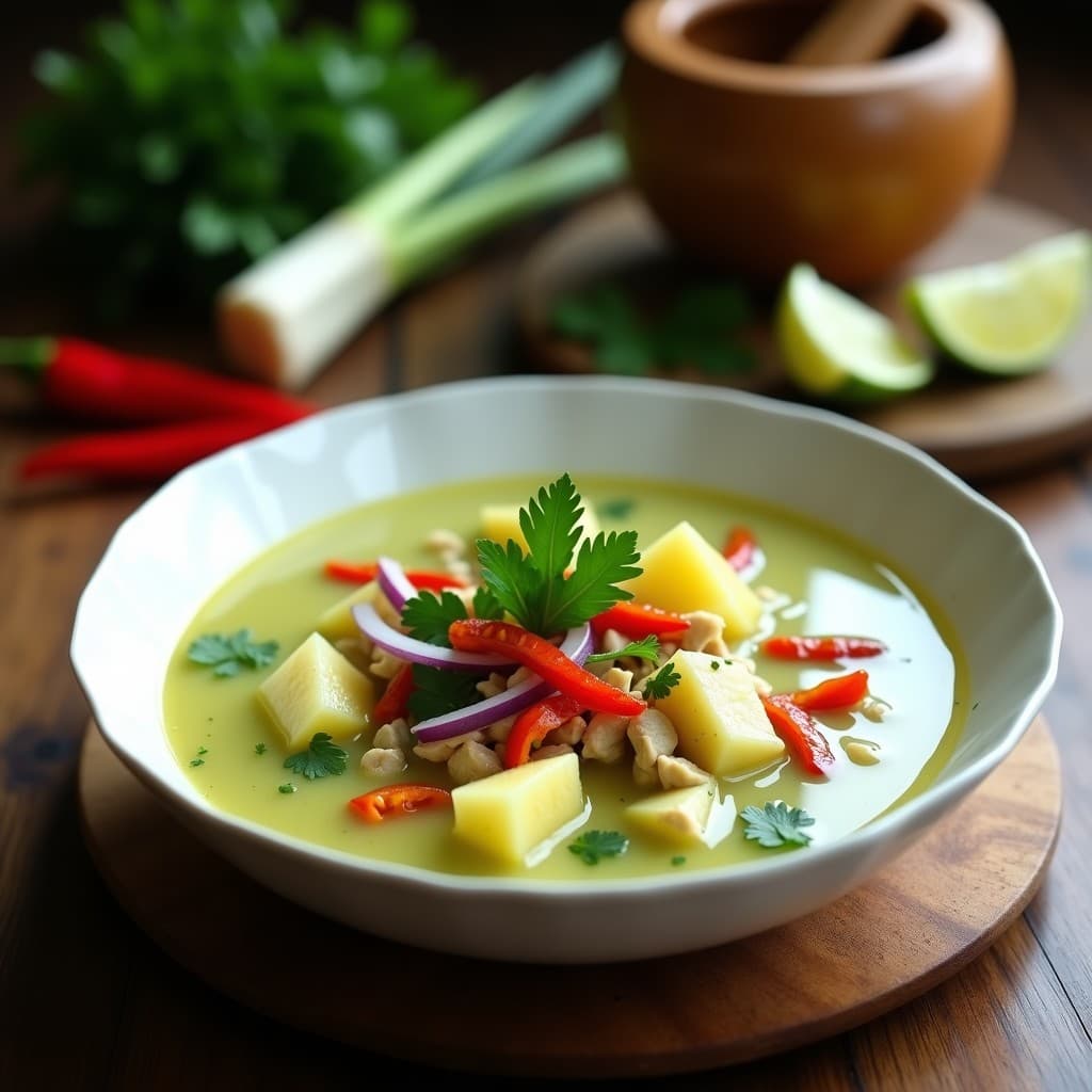 Cuenco hondo de cerámica blanca con sopa tailandesa de piña y curry verde, trozos de pollo, piña dorada, hierba limón y cilantro fresco, servida sobre mesa de madera rústica.