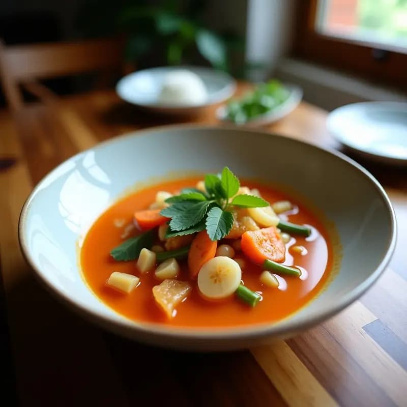 Cuenco hondo de cerámica negra con sopa tailandesa de verduras en olla lenta, con brócoli, champiñones shiitake y pimientos rojos en un caldo cremoso de leche de coco, decorado con cilantro fresco y rodajas de lima.