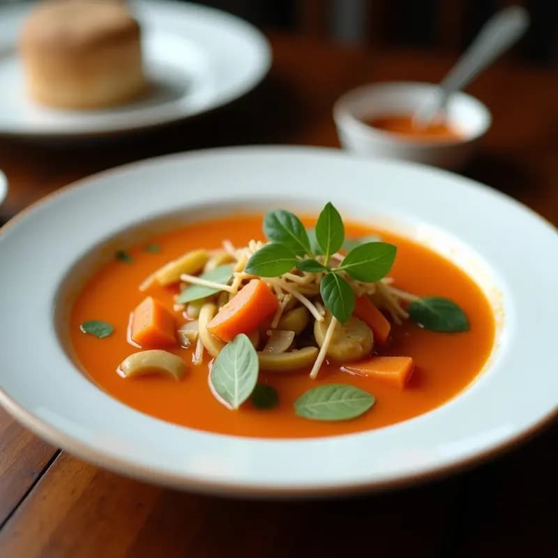 Cuenco blanco hondo con sopa tailandesa de verduras y leche de coco, decorada con cilantro fresco y rodajas de chile rojo, servida sobre una mesa de madera rústica.