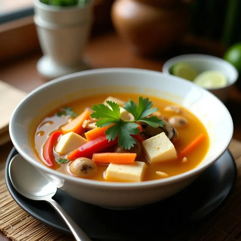 Cuenco de cerámica blanca con sopa thai de verduras y tofu, caldo amarillo dorado, trozos de zanahoria, pimiento rojo, champiñones y tofu, decorado con cilantro fresco y rodajas de limón.