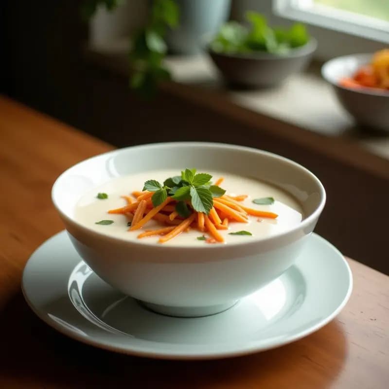 Cuenco blanco con sopa thai verniega cremosa, leche de coco, trozos de pollo, champiñones y cilantro fresco, servida sobre fondo de madera oscura.