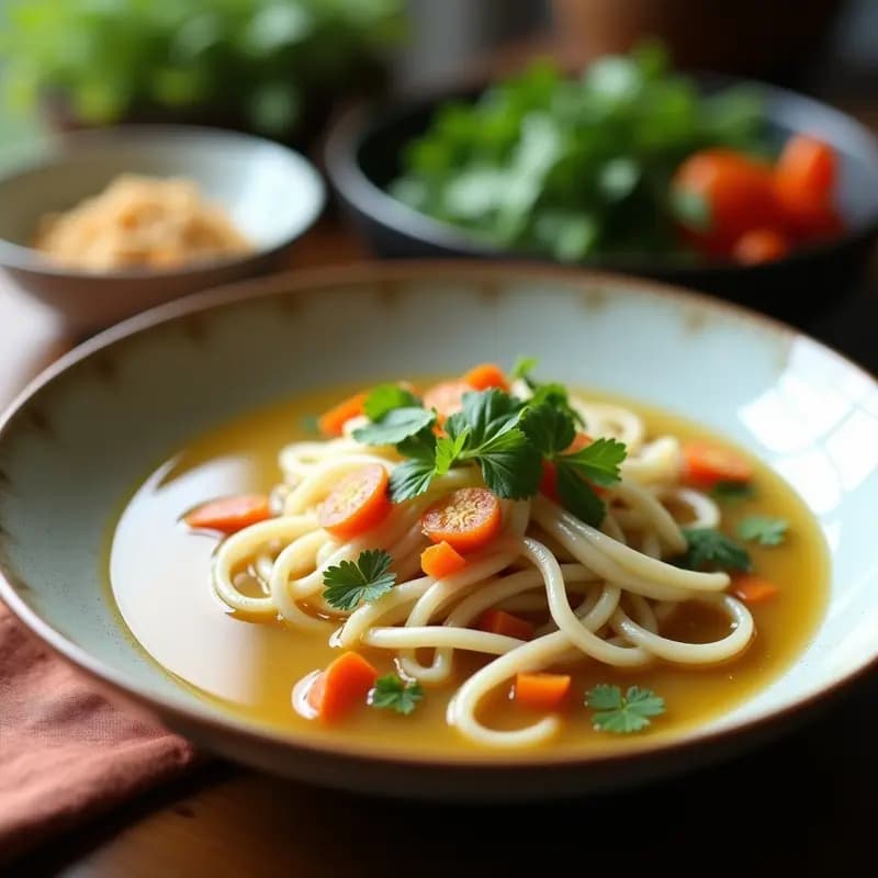 Cuenco hondo de cerámica blanca con sopa Tom Kha cremosa de color beige, decorada con rodajas de galanga, hojas de cilantro fresco y un hilo de jugo de lima. Al fondo, tallos de hierba limón y hojas de lima kaffir flotando en la superficie. Plato tailandés detox y aromático.