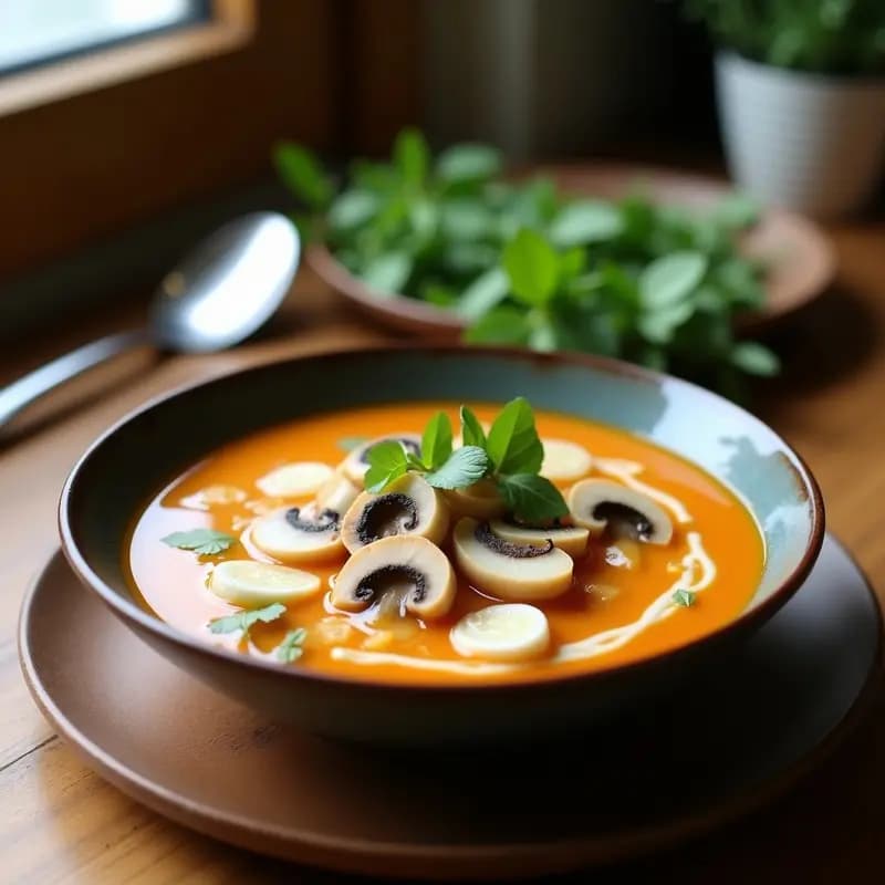 Cuenco hondo de cerámica blanca con sopa de Tom Kha Gai vegana, caldo cremoso de coco y galanga con láminas de champiñones portobello, tofu sedoso y hojas de cilantro fresco. Fondo borroso con tallos de limoncillo y rodajas de lima.