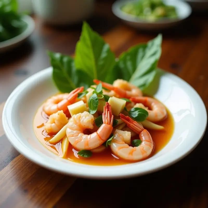 Tazón hondo de porcelana blanca con sopa de Tom Yum humeante, gambas rosadas, hongos shiitake, rodajas de chile rojo y hojas de cilantro fresco. Caldo dorado y aromático con trozos de lemongrass y lima kaffir flotando, acompañado de una cucharada de madera.