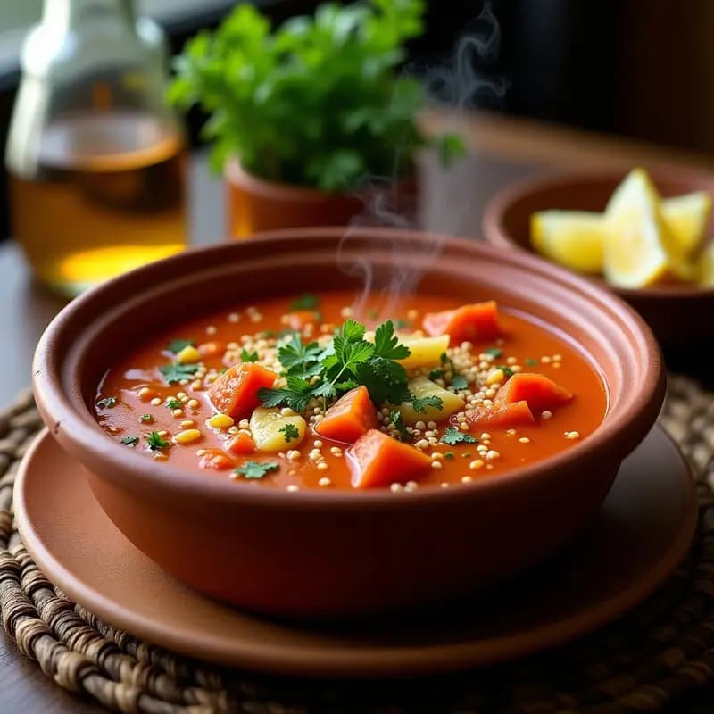 Cuenco de sopa de tomate Ahmed egipcia con arroz basmati y hierbas frescas, servida en plato de barro rústico con semillas de sésamo y cilantro picado.